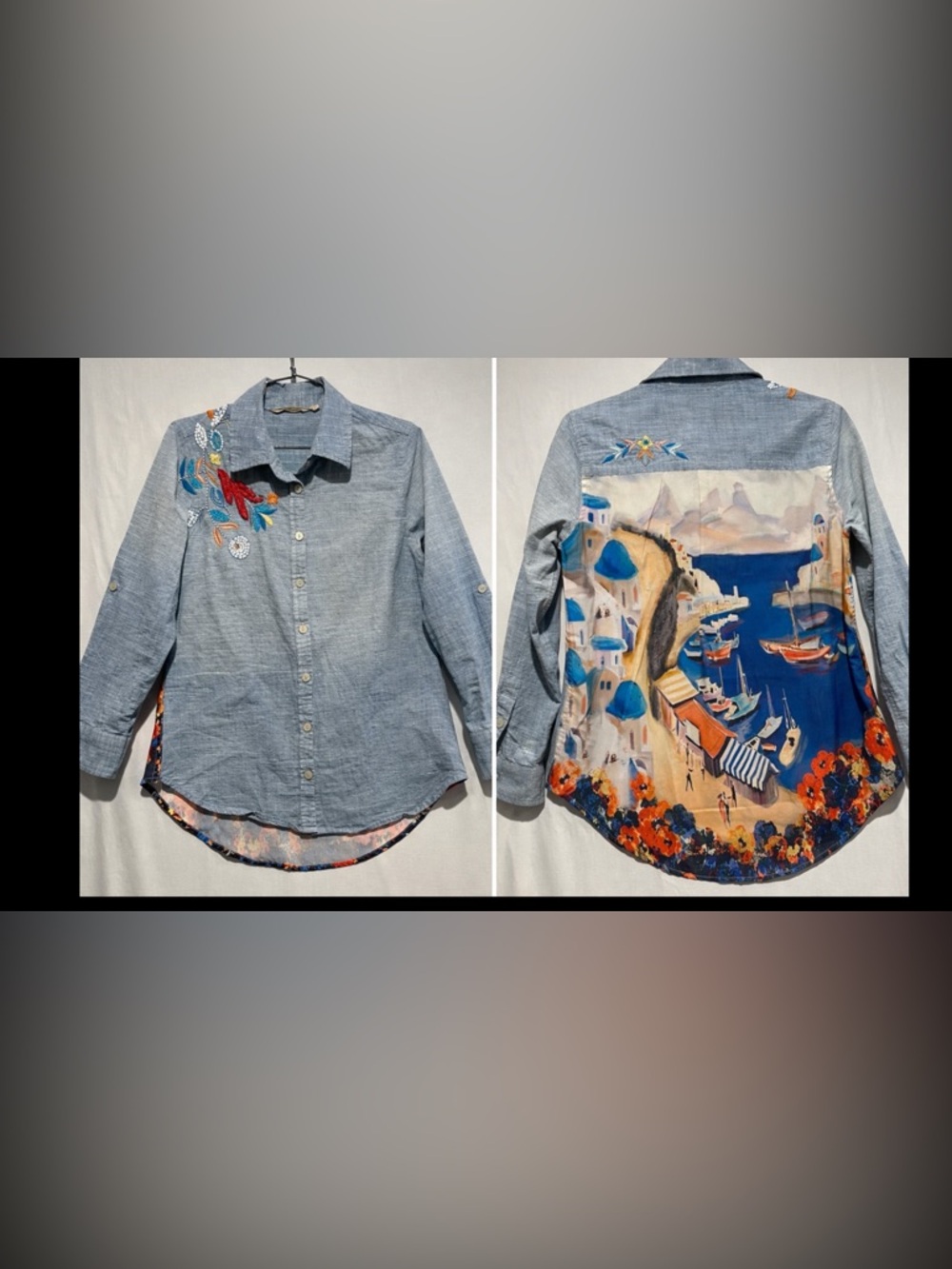 Soft Surroundings Embellished Santorini Print Shirt Cotton XSP Beaded - Picture 1 of 11